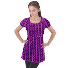 Circles Lines Black Pink Puff Sleeve Tunic Top by BrightVibesDesign