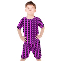 Circles Lines Black Pink Kids  Tee And Shorts Set by BrightVibesDesign