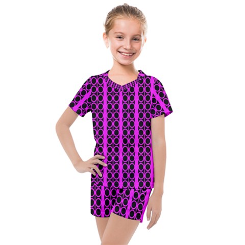 Circles Lines Black Pink Kids  Mesh Tee And Shorts Set by BrightVibesDesign