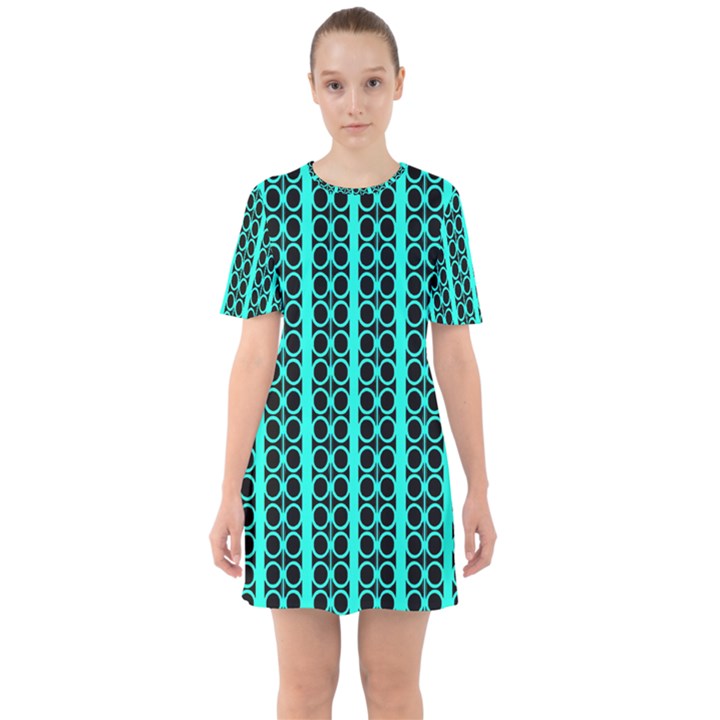 Circles Lines Black Green Sixties Short Sleeve Mini Dress