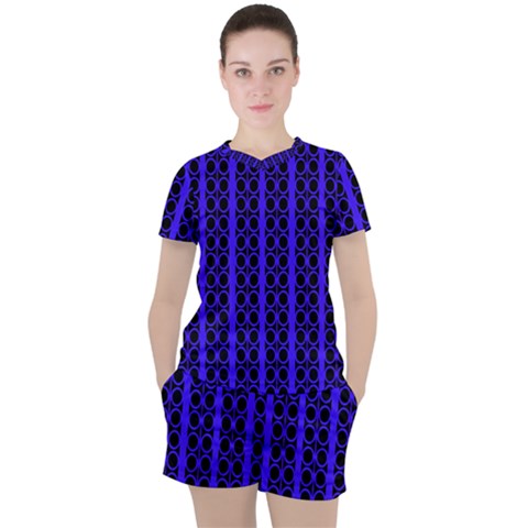 Circles Lines Black Blue Women s Tee And Shorts Set by BrightVibesDesign