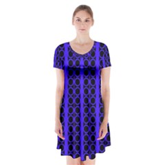 Circles Lines Black Blue Short Sleeve V-neck Flare Dress