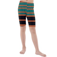 Black Stripes Orange Brown Teal Kids  Mid Length Swim Shorts by BrightVibesDesign