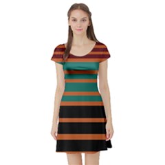 Black Stripes Orange Brown Teal Short Sleeve Skater Dress by BrightVibesDesign