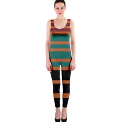 Black Stripes Orange Brown Teal One Piece Catsuit by BrightVibesDesign