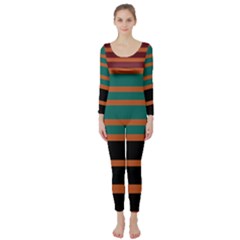 Black Stripes Orange Brown Teal Long Sleeve Catsuit by BrightVibesDesign