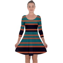 Black Stripes Orange Brown Teal Quarter Sleeve Skater Dress by BrightVibesDesign