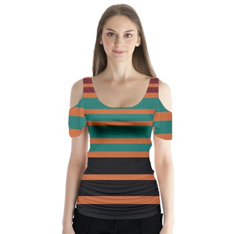 Black Stripes Orange Brown Teal Butterfly Sleeve Cutout Tee  by BrightVibesDesign