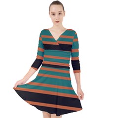 Black Stripes Orange Brown Teal Quarter Sleeve Front Wrap Dress by BrightVibesDesign