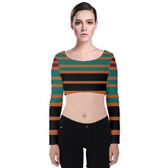 Black Stripes Orange Brown Teal Velvet Long Sleeve Crop Top