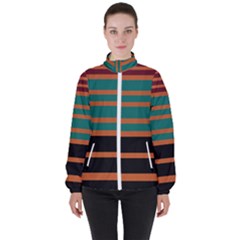 Black Stripes Orange Brown Teal Women s High Neck Windbreaker by BrightVibesDesign