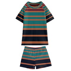 Black Stripes Orange Brown Teal Kids  Swim Tee And Shorts Set by BrightVibesDesign