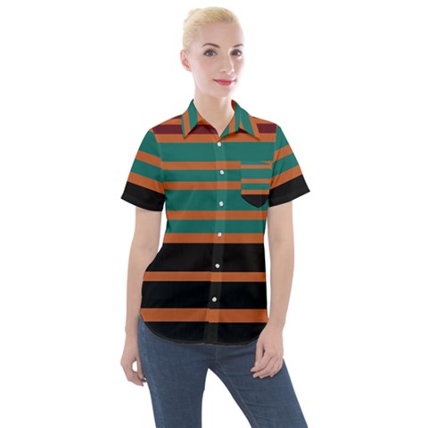 Black Stripes Orange Brown Teal Women s Short Sleeve Pocket Shirt by BrightVibesDesign