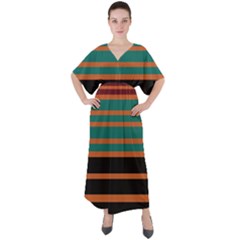 Black Stripes Orange Brown Teal V-neck Boho Style Maxi Dress by BrightVibesDesign