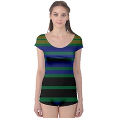 Black Stripes Green Olive Blue Boyleg Leotard  by BrightVibesDesign