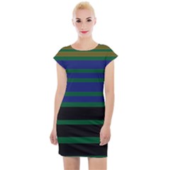 Black Stripes Green Olive Blue Cap Sleeve Bodycon Dress by BrightVibesDesign