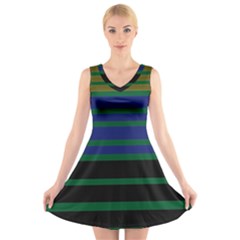 Black Stripes Green Olive Blue V-neck Sleeveless Dress by BrightVibesDesign