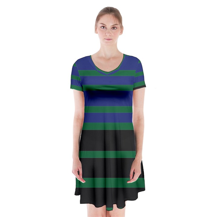 Black Stripes Green Olive Blue Short Sleeve V-neck Flare Dress