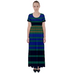 Black Stripes Green Olive Blue High Waist Short Sleeve Maxi Dress by BrightVibesDesign