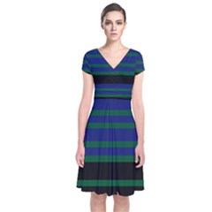 Black Stripes Green Olive Blue Short Sleeve Front Wrap Dress by BrightVibesDesign