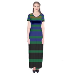 Black Stripes Green Olive Blue Short Sleeve Maxi Dress by BrightVibesDesign