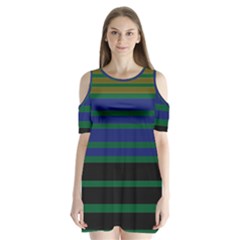 Black Stripes Green Olive Blue Shoulder Cutout Velvet One Piece by BrightVibesDesign