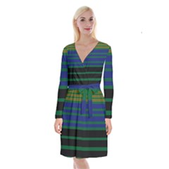 Black Stripes Green Olive Blue Long Sleeve Velvet Front Wrap Dress by BrightVibesDesign