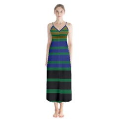 Black Stripes Green Olive Blue Button Up Chiffon Maxi Dress by BrightVibesDesign