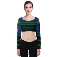 Black Stripes Green Olive Blue Velvet Long Sleeve Crop Top by BrightVibesDesign