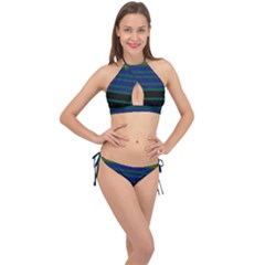 Black Stripes Green Olive Blue Cross Front Halter Bikini Set