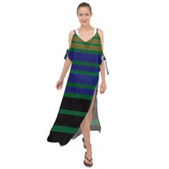 Black Stripes Green Olive Blue Maxi Chiffon Cover Up Dress by BrightVibesDesign