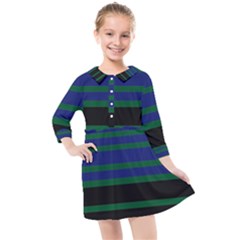 Black Stripes Green Olive Blue Kids  Quarter Sleeve Shirt Dress by BrightVibesDesign