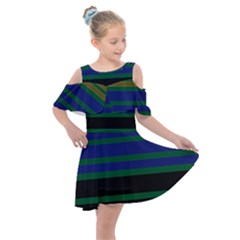 Black Stripes Green Olive Blue Kids  Shoulder Cutout Chiffon Dress by BrightVibesDesign