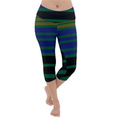 Black Stripes Green Olive Blue Lightweight Velour Capri Yoga Leggings by BrightVibesDesign