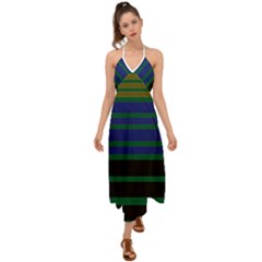 Black Stripes Green Olive Blue Halter Tie Back Dress  by BrightVibesDesign