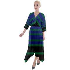 Black Stripes Green Olive Blue Quarter Sleeve Wrap Front Maxi Dress by BrightVibesDesign