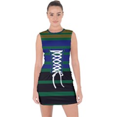 Black Stripes Green Olive Blue Lace Up Front Bodycon Dress