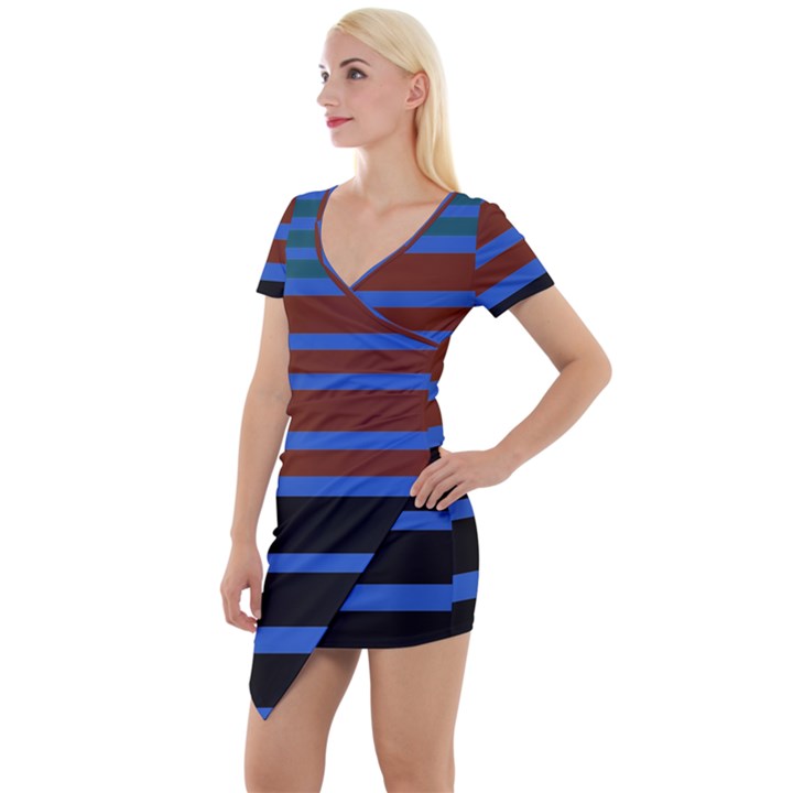 Black Stripes Blue Green Orange Short Sleeve Asymmetric Mini Dress