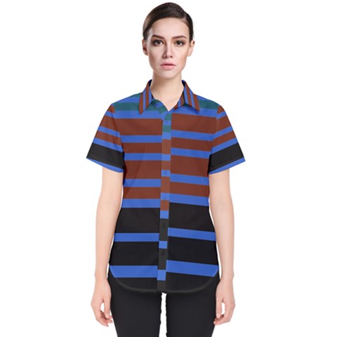 Black Stripes Blue Green Orange Women s Short Sleeve Shirt by BrightVibesDesign