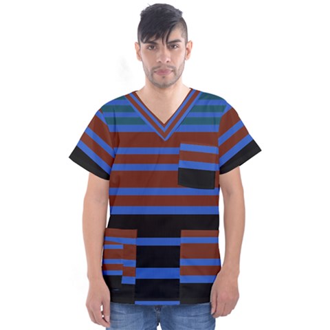 Black Stripes Blue Green Orange Men s V-neck Scrub Top by BrightVibesDesign