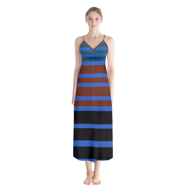 Black Stripes Blue Green Orange Button Up Chiffon Maxi Dress