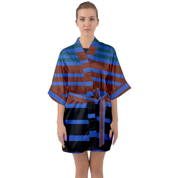 Black Stripes Blue Green Orange Half Sleeve Satin Kimono 