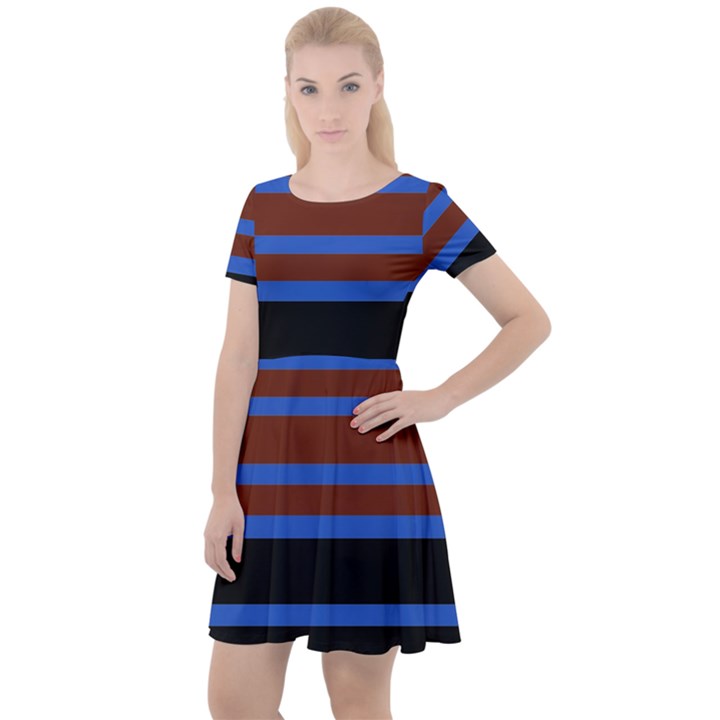 Black Stripes Blue Green Orange Cap Sleeve Velour Dress 