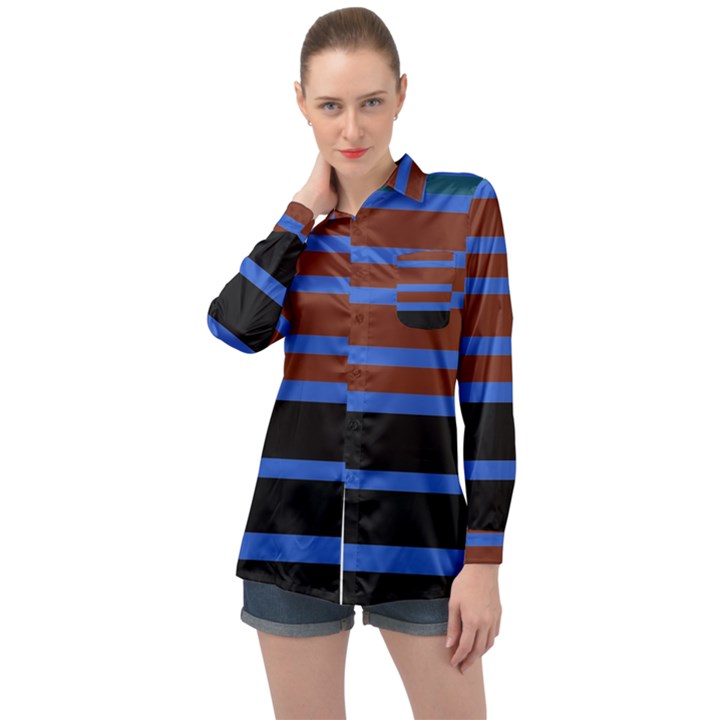 Black Stripes Blue Green Orange Long Sleeve Satin Shirt