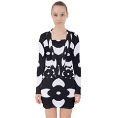 Pattern Flower Black V-neck Bodycon Long Sleeve Dress