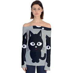 Cat Pet Cute Black Animal Off Shoulder Long Sleeve Top by HermanTelo