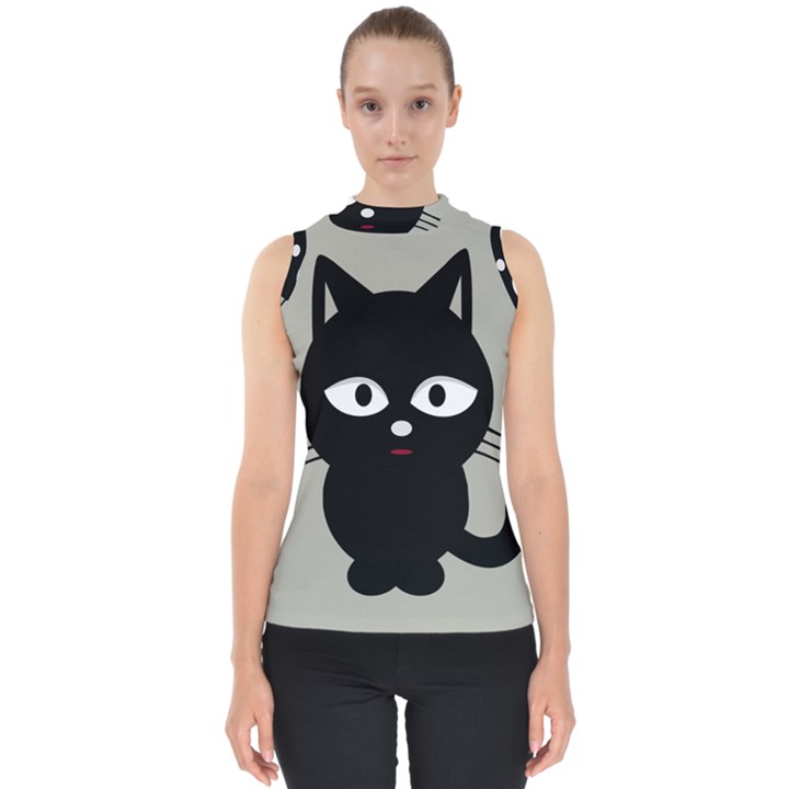 Cat Pet Cute Black Animal Mock Neck Shell Top