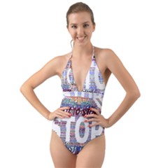 Human Trafficking In Blue Classic Logo Final Halter Cut-out One Piece Swimsuit by gottostop