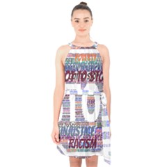 Human Trafficking In Blue Classic Logo Final Halter Collar Waist Tie Chiffon Dress