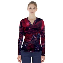 Beautiful Red Roses V-neck Long Sleeve Top by FantasyWorld7